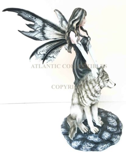 Large 20" Tall Shadow Night Fairy With Lycan Alpha Gray Wolf Statue Figurine