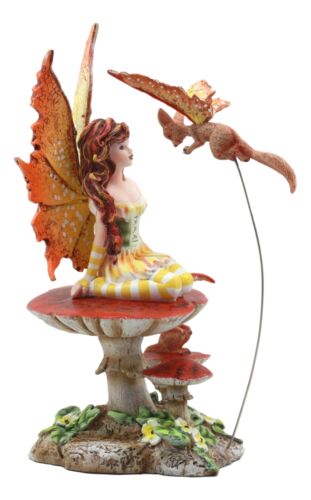 Amy Brown Pretty Summer Fairy On Toadstool Mushroom With Fox Pixie Fairy Statue