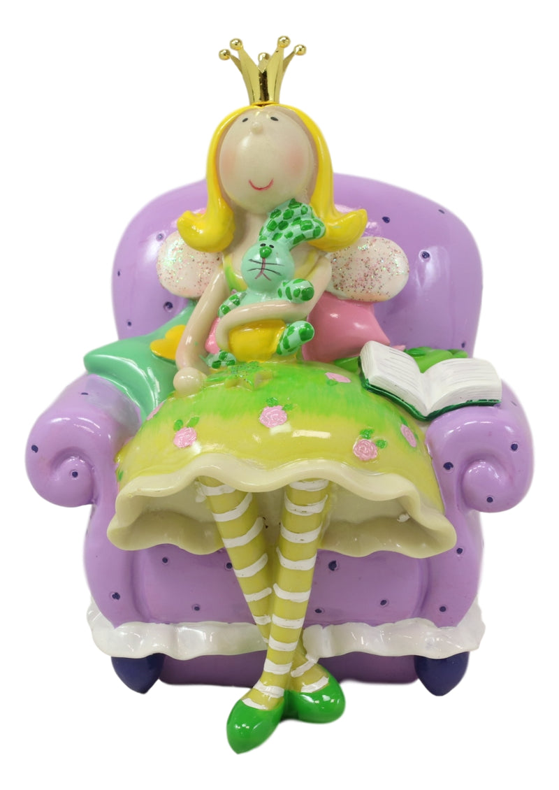 Bookworm Crown Princess Fairy Sitting On Purple Sofa Money Coin Bank Figurine