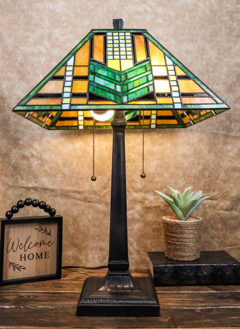 Louis Comfort Tiffany Mission Style Geometric Green Arrow Glass Shade Table Lamp