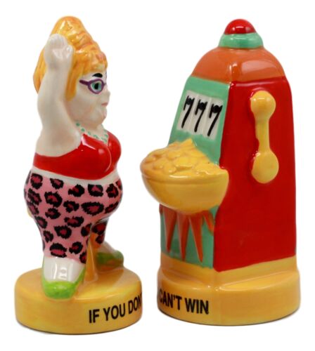 Casino Jackpot Lucky Winner Lady With Slot Machine Salt & Pepper Shakers Set