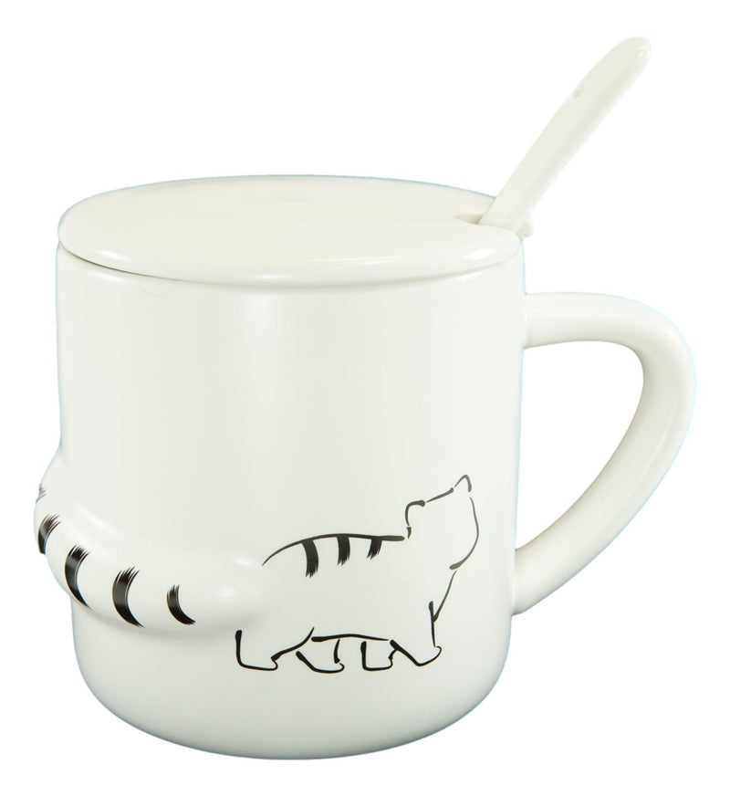 Pack Of 2 Black White Walking Cat 3D Tail Coffee Mugs With Lid And Spoon 12oz