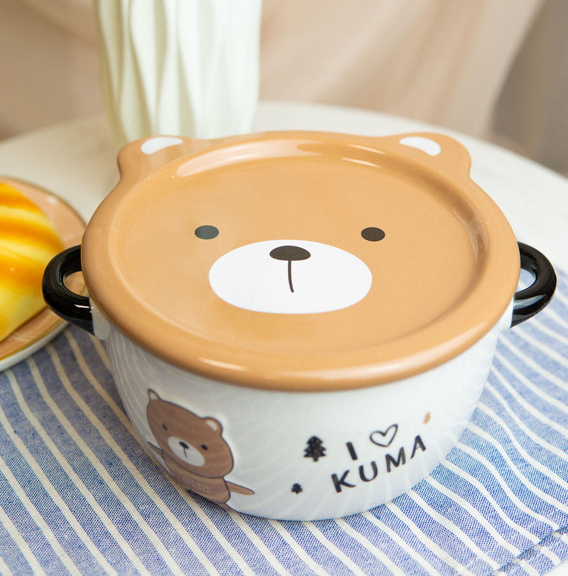 Pack Of 2 Brown And Beige Kuma Bear Porcelain Kids Food Bowls 25Oz W/ Lid Plate