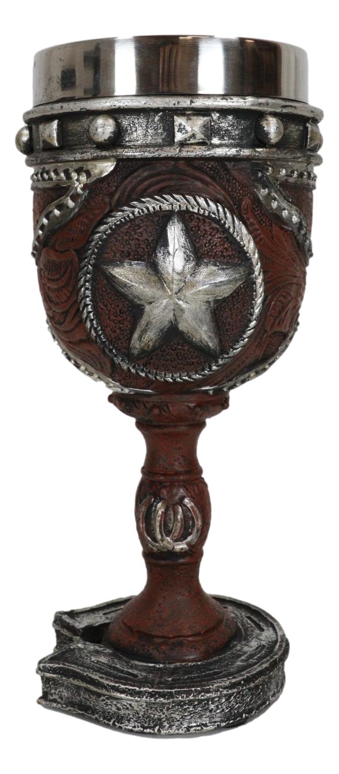 Western Stars And Horseshoes Floral Scroll In Faux Tooled Leather Wine Goblet