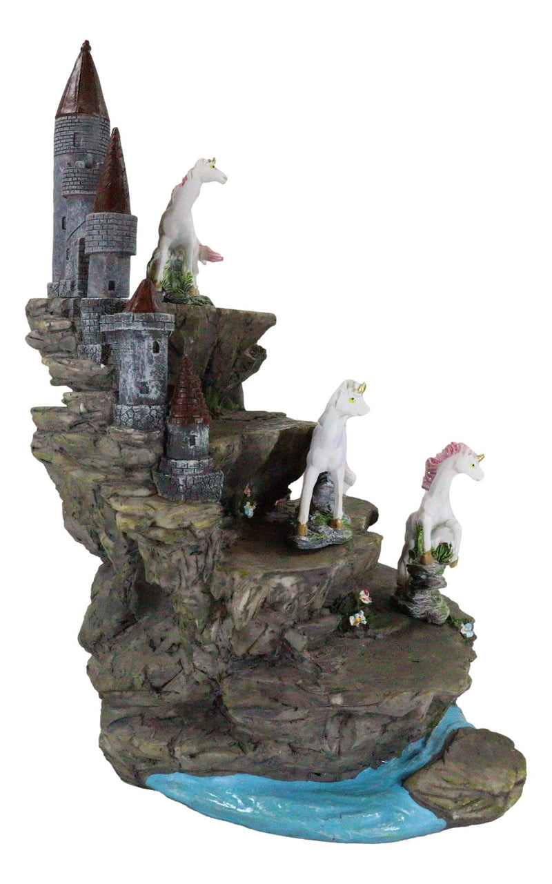 4 Miniature Rare Unicorn Pieces With Waterfall Castle Fortress Display Figurine