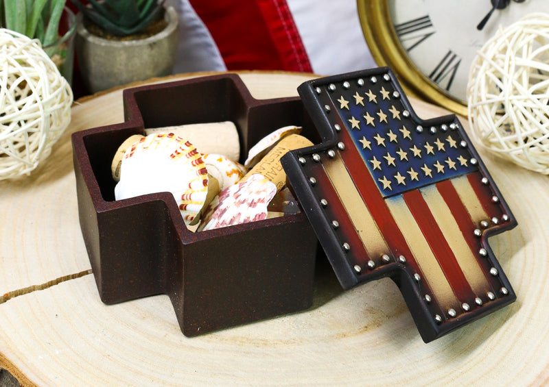 Western Country Patriotic US American Flag Memorial Cross Decorative Jewelry Box