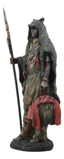 Brave Tribal Indian Native Warrior Hunter With Bear Headdress Winter Coat Statue