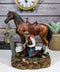 Rustic Western Cowboy By Brown Horse Praying At The Foot Of The Cross Figurine