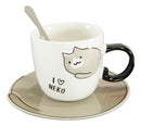 Pack Of 2 Brown And White Maneki Neko Cat Mugs 8oz With Saucer & Notched Spoon