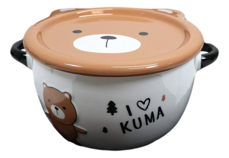 Pack Of 2 Brown Kuma Bear Porcelain Kids Food Bowls 25Oz W/ Condiment Lid Plate