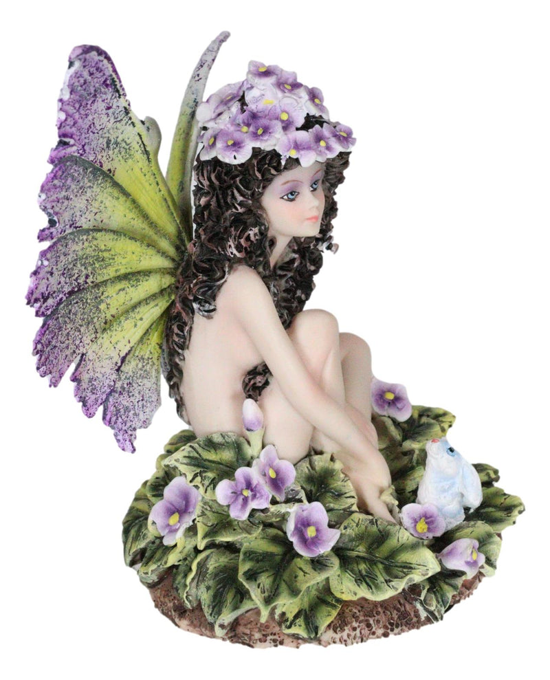 Whimsical Violet Purple Girl Fairy Sitting On Pansy Garden Bed Pixie Figurine