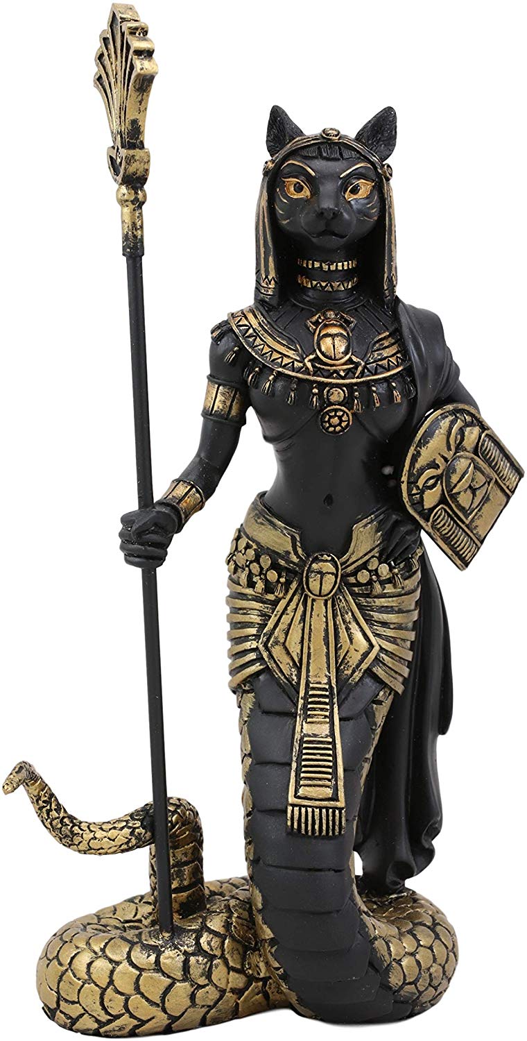 Ebros 11"H Egyptian Bastet Cat With Snake Holding Spear & Shield Statue 11"H - Ebros Gift