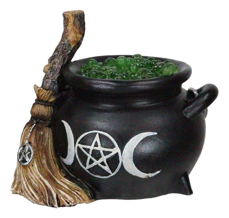 Wicca Triple Moon Goddess Pentagram LED Light Cauldron And Broomstick Figurine