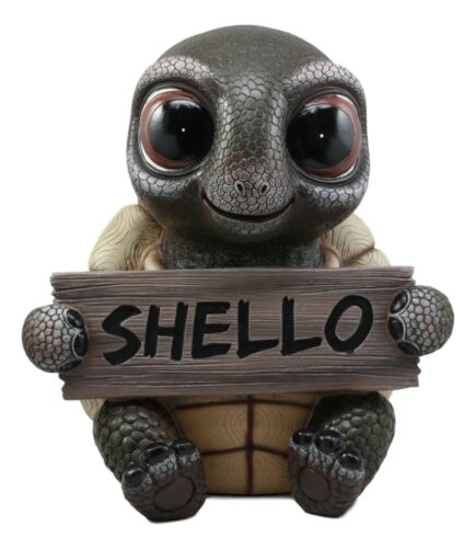 Large Baby Turtle Holding "Shello" Sign Statue 13"Tall Whimsical Welcome Greeter