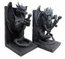 Gothic Excalibur Sword Guardian Dragon Bookend Set of Two Figurine Faux Stone