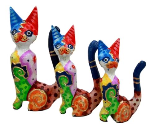 Balinese Wood Handicrafts Tropical Colors Feline Cat Family Set of 3 Figurines