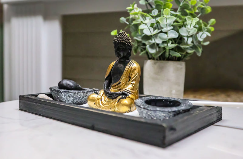 Golden Robe Buddha Monk Zen Garden With Pebbles Sand And Rake Decorative Set