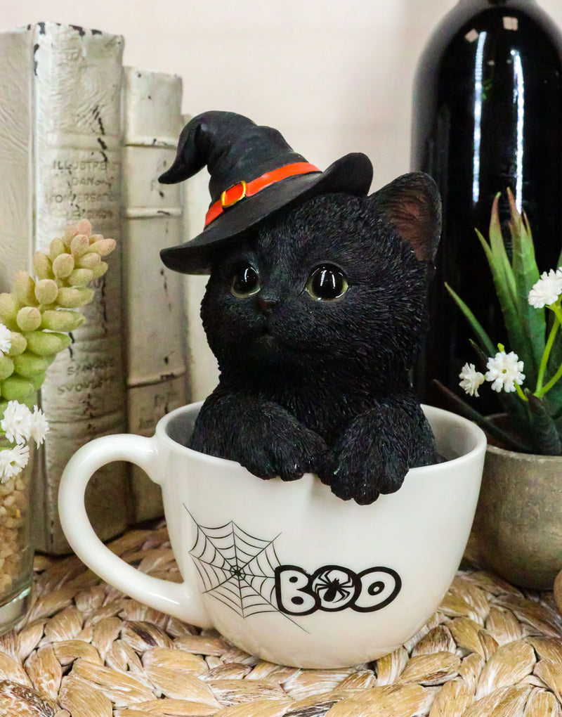 Witching Hour Halloween Black Cat with Witch Hat In Tea Cup Pet Pal Figurine