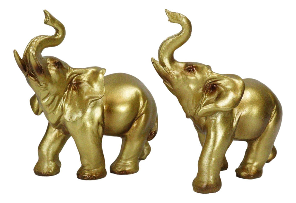 Feng Shui Gold Patina Elephant Left And Right Pair Figurines With Trun ...