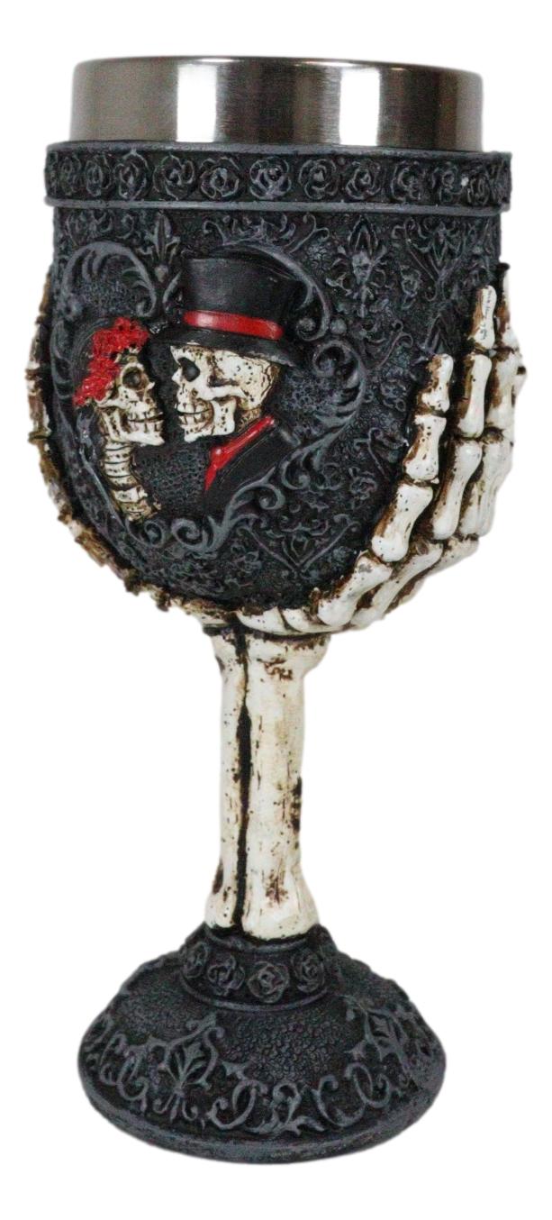 Gothic Day Of The Dead Skeleton Skull Bride And Groom Black Roses Wine Goblet