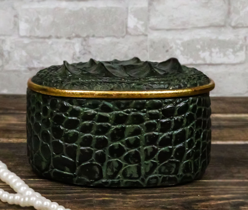 Faux Crocodile Pattern Textured Green Print Gold Oval Decorative Jewelry Box