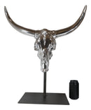 23"H Large Rustic Chrome Plated Longhorn Bull Steer Skull Resin Desktop Plaque