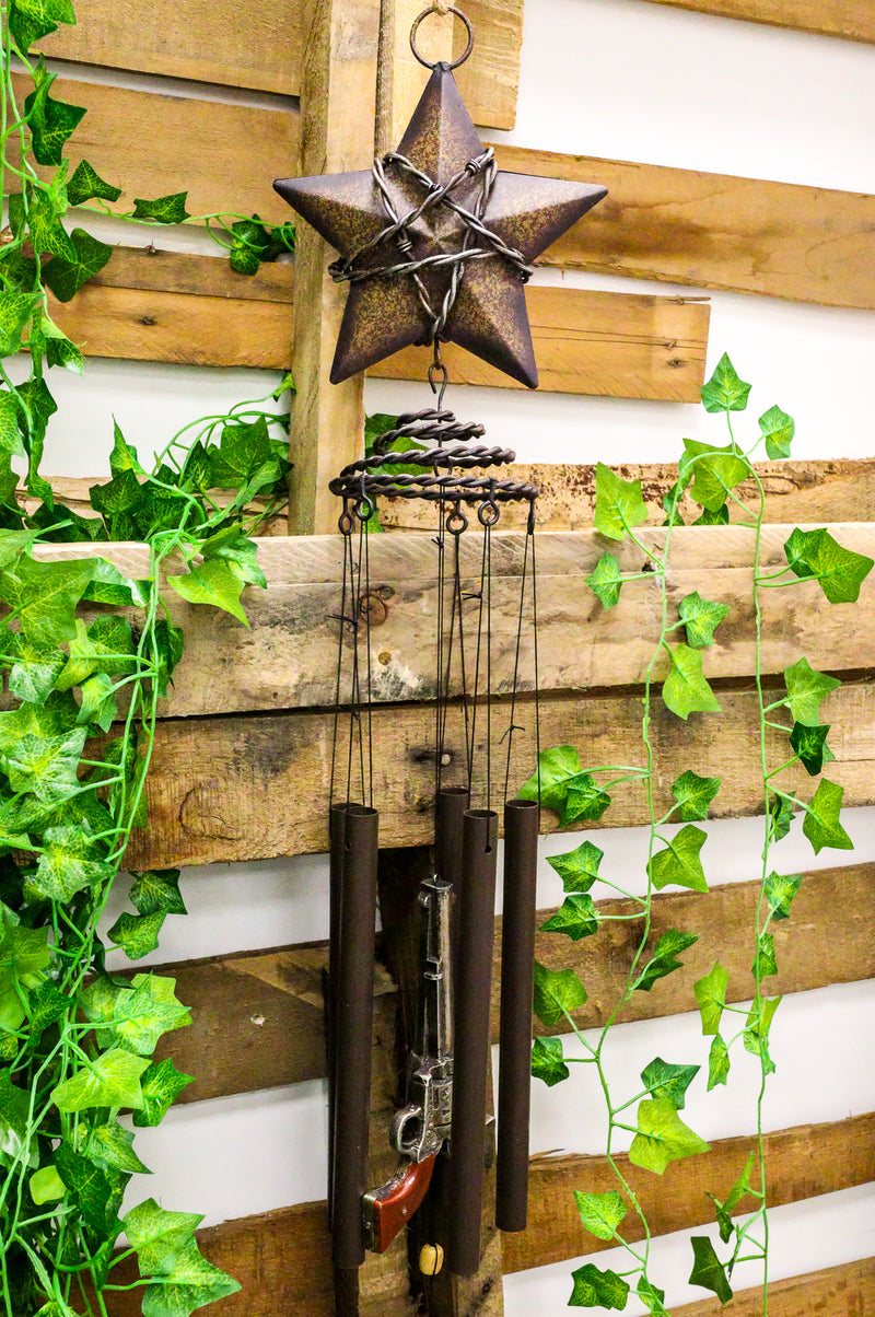 Rustic Western Lone Star With Barbed Wire Cords And Pistol Guns Wind Chime Decor