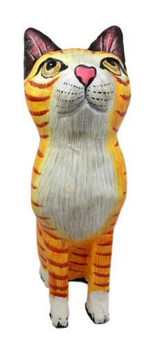 Balinese Wood Handicrafts Striped Yellow Feline Cat Purr Kitten Figurine 8"H