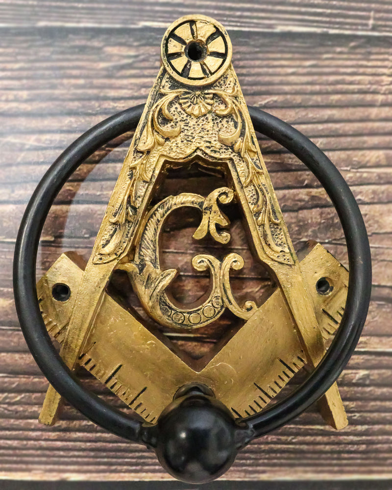 Antiqued Faux Gold Freemasonry Masonic Square & Compasses Monogram Door Knocker