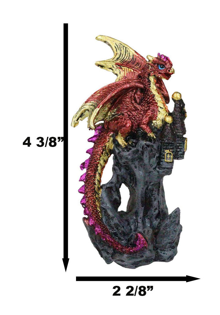 Metallic Crimson Red Dragon Guarding Castle Tower On Mountain Cliff Figurine