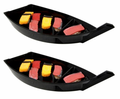 Set of Six Japanese Black Lacquered Plastic Sushi Boat Serving Plate Display