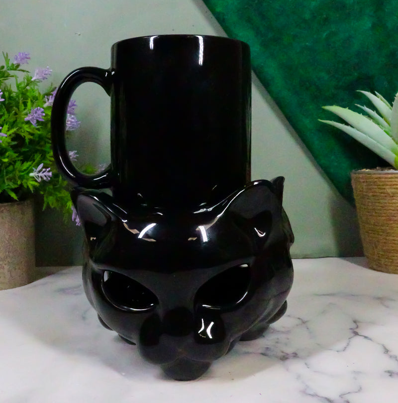 Wicca Witch Feline Cat Black Cup With Candle Holder Mug Warmer Shadow Caster Set