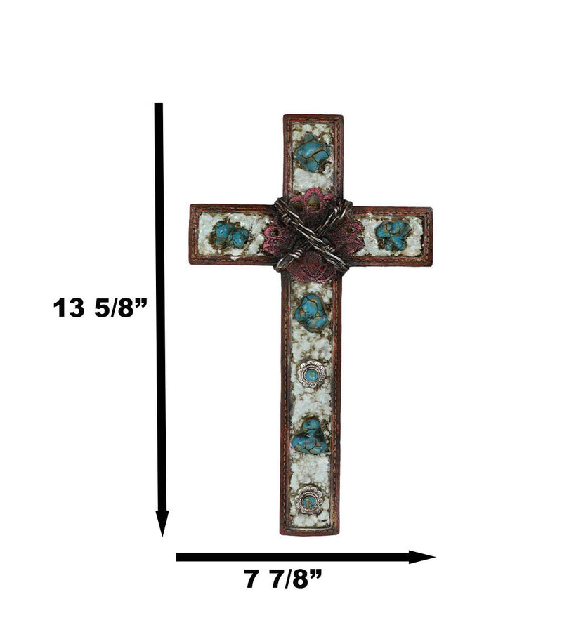 Rustic Western Crackled Turquoise Stones On White Rocks Barbed Wires Wall Cross