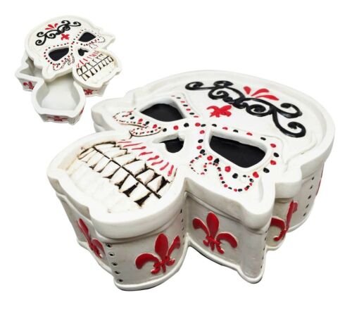 Day of The Dead White Le Fleur Skull Jewelry Box Figurine 5.5"L Skeleton Decor