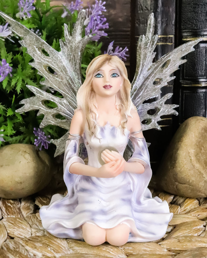 Kneeling Frost Flake Oracle Winter Fairy Holding Crystal Ball Statue 4.5"H