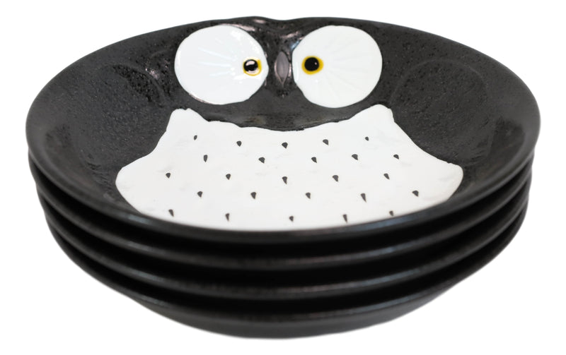 Pack Of 4 Black Whimsical Owl Ceramic Salad Entree Deep Plates Or Shallow Bowls