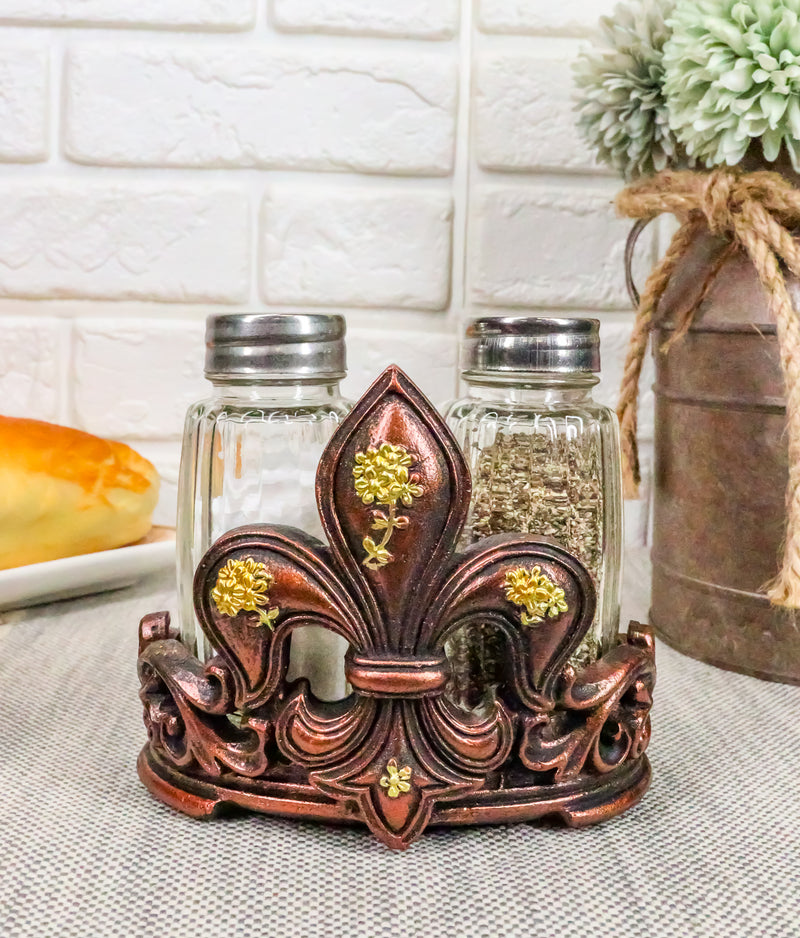 Western Tuscany Fleur De Lis Golden Flowers Salt And Pepper Shakers Holder Set