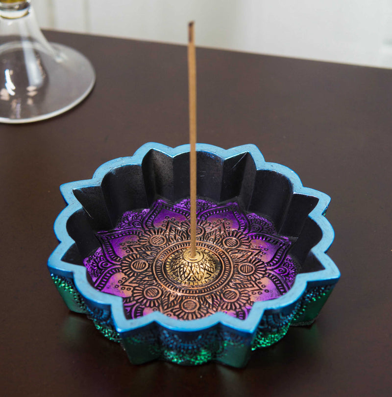 New Age Chakra Buddhist Mandala 8 Spokes Wheel Flower Incense Burner Figurine