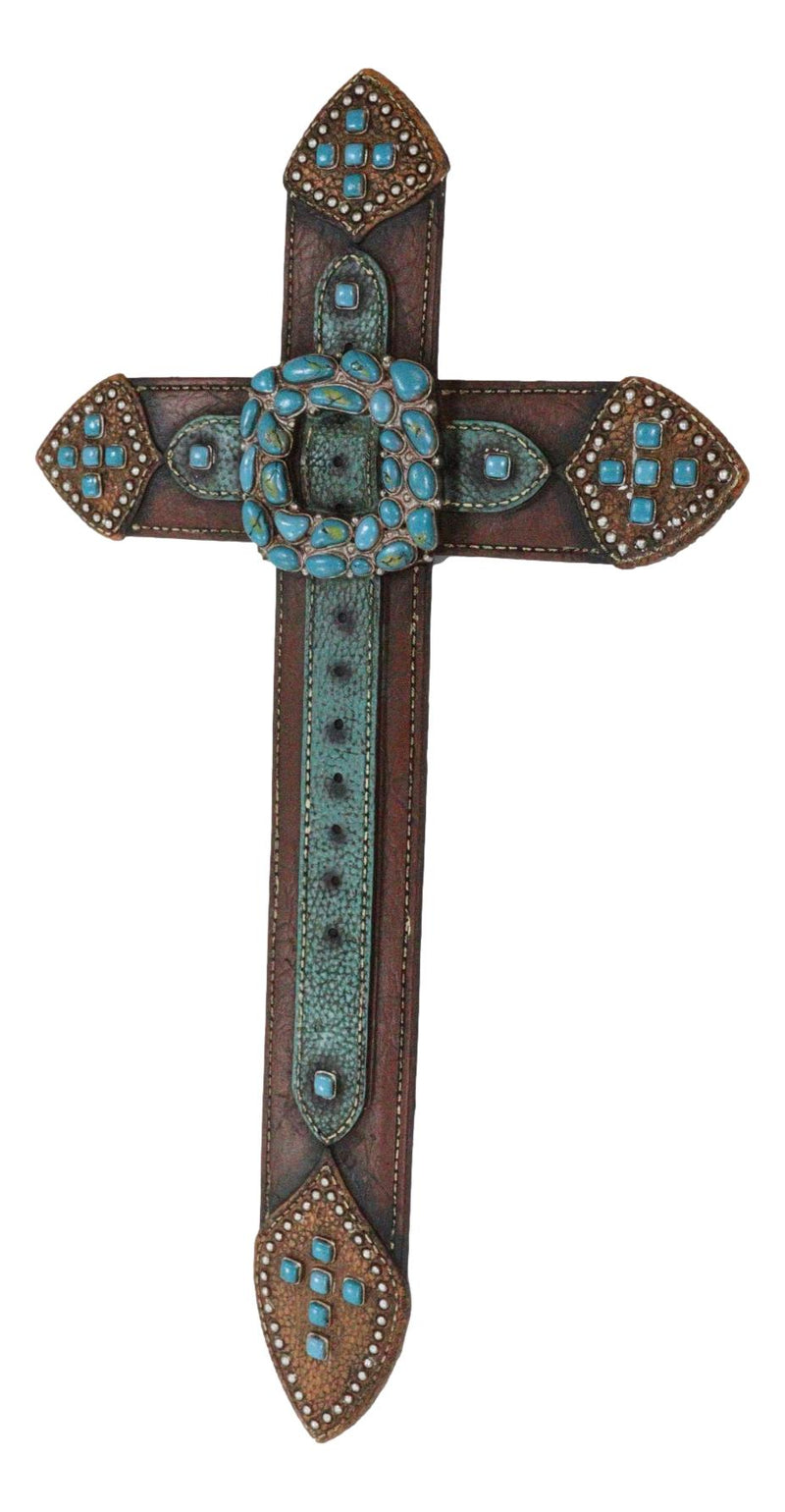 20" H Rustic Western Cowboy Faux Leather Turquoise Rocks Belt Buckle Wall Cross