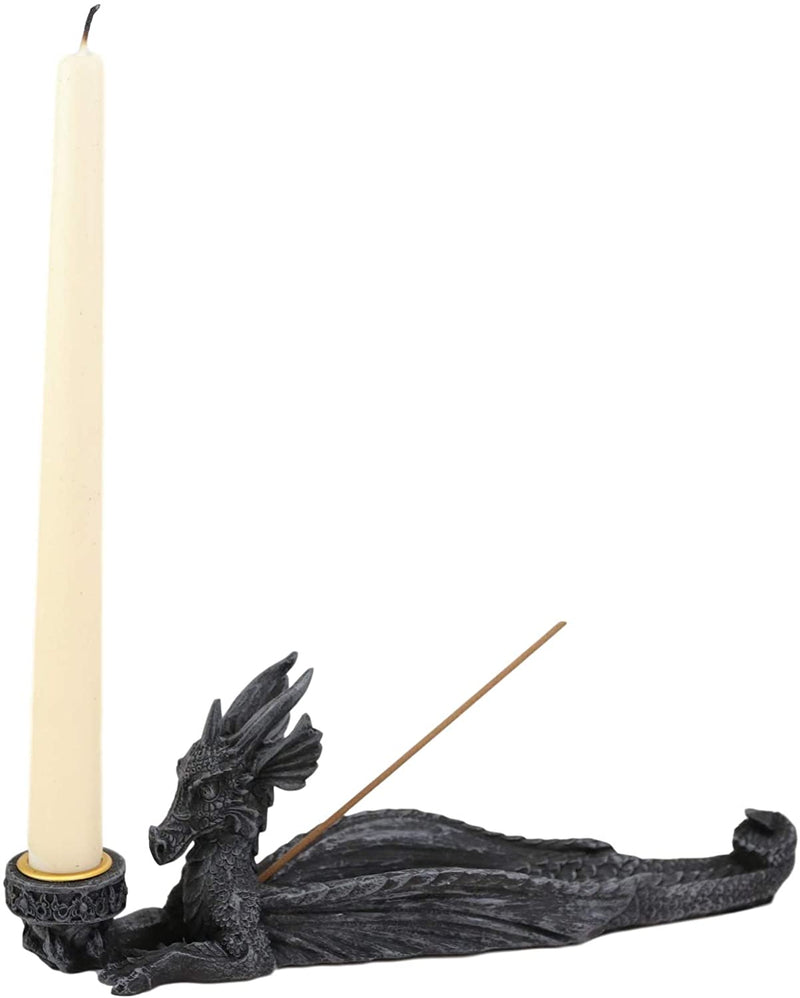 Ebros Gothic Stony Dragon Incense Burner and Candle Holder Figurine 10" Long