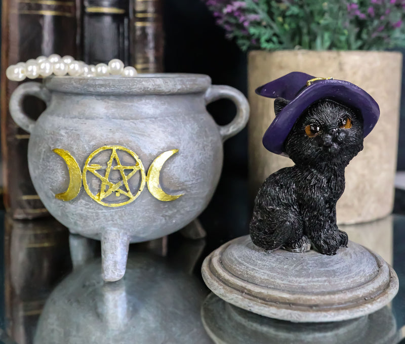 Halloween Wicca Black Cat With Witch Hat On Triple Moon Cauldron Decorative Box