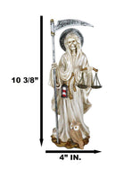 Standing White Santa Muerte With Scythe Scales of Justice And Wise Owl Figurine