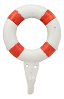 Ebros Gift 6.5"Tall Cast Iron Nautical Coastal Sailor Lifeguard Life Ring Buoy White With Red Stripes Wall Hook (2) - Ebros Gift