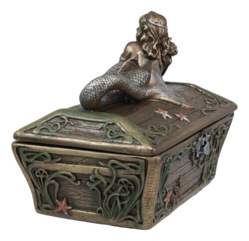 Beautiful Mermaid Resting On Sunken Treasure Chest Trinket Jewelry Box Figurine