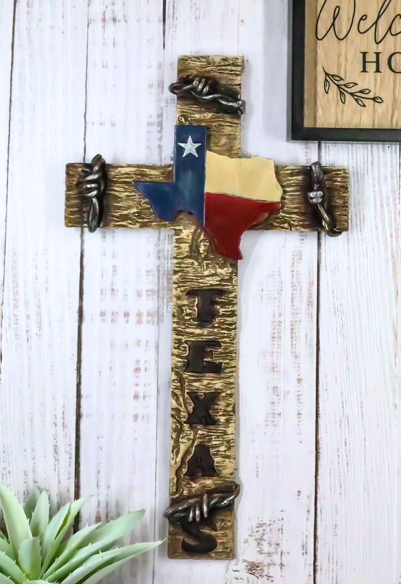 Rustic Western Lone Star Texas State Flag Barbed Wires Faux Wooden Wall Cross