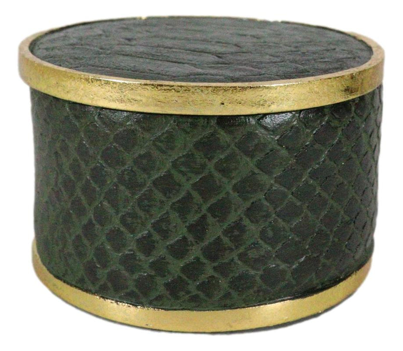 Faux Crocodile Pattern Green Print With Gold Trim Round Decorative Jewelry Box