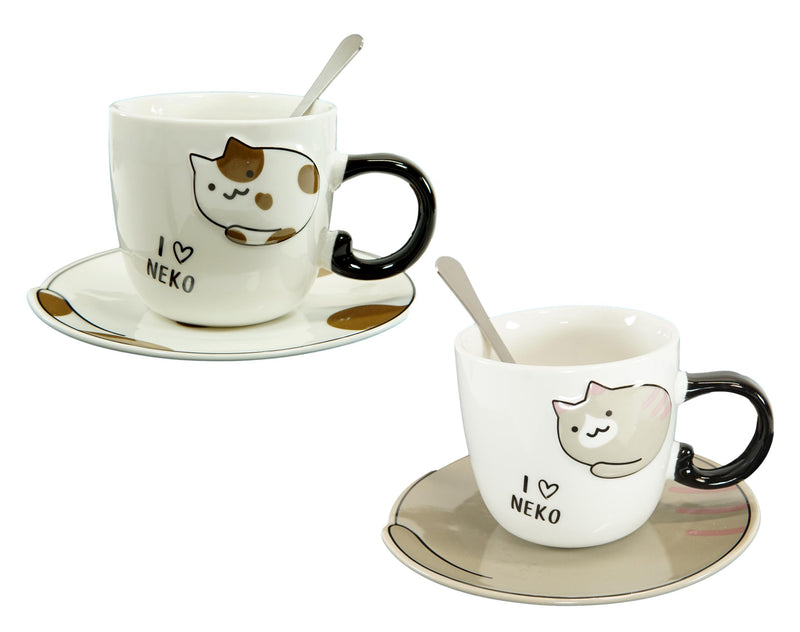 Pack Of 2 Brown And Calico Maneki Neko Cat Mugs 8oz With Saucer & Notched Spoon