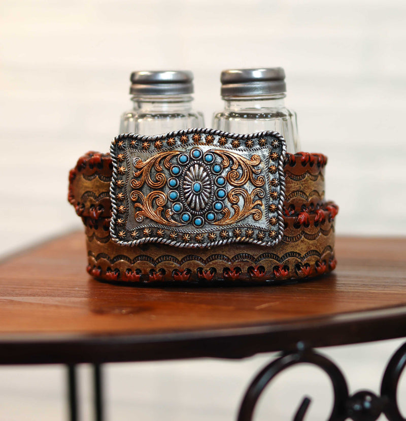 Ebros Western Turquoise Sun & Floral Lace On Belt Buckle Salt Pepper Shakers Set