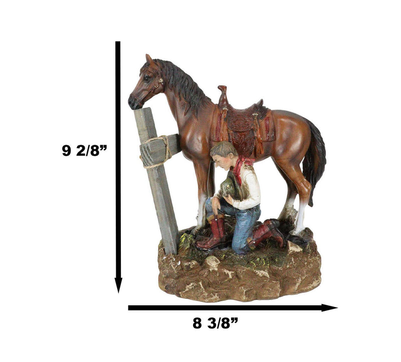 Rustic Western Cowboy By Brown Horse Praying At The Foot Of The Cross Figurine