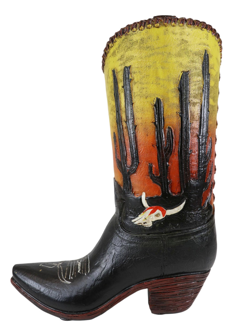 Western Desert Sunrise Dawn Cactus And Cow Skull Cowboy Boot Vase Sculpture